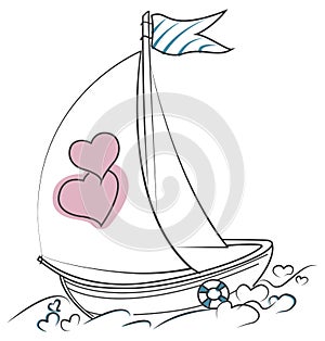 Love boat with two hearts on the waves of hearts.