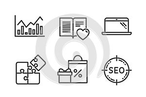 Love book, Puzzle and Infochart icons set. Laptop, Shopping and Seo signs. Vector