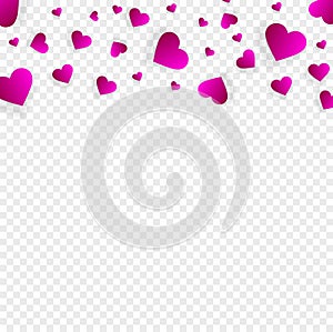 Love border with falling pink hearts, vector frame.