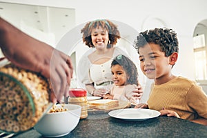 Love, breakfast cereal and happy black family children, mother and father eating meal, bonding and prepare ingredients