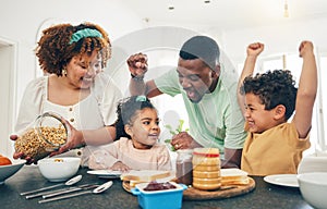 Love, breakfast food and happy black family children, mother and father eating meal, bonding and prepare ingredients