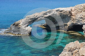 Love Bridge - beautiful natural rock arch near Ayia Napa, Cavo Greco and Protaras on Cyprus Island, Mediterranean Sea.