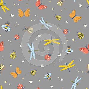 Love bugs seamless pattern cute flat illustration