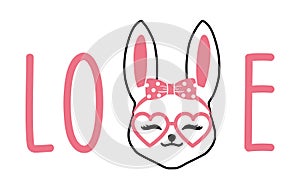 Love Bunny with glasses and bow. Rabbit For Valentine day and Easter design on t-shirt, mug, bag, mask background illustration.