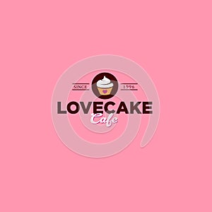 Love cake logo. Cake with cream on dark circle. Cafe emblem.