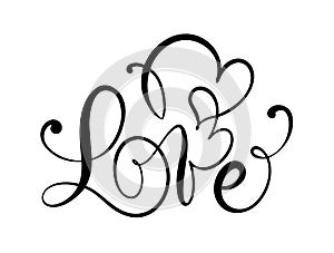 Love calligraphic vector text with romantic hearts. Handwritten ink lettering valentine concept. Modern brush calligraphy,