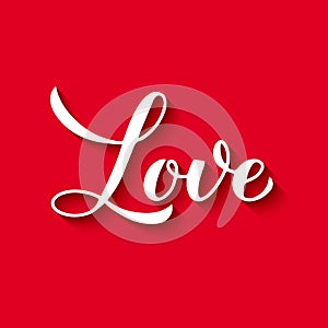 Love calligraphy hand lettering on red background. Valentines day typography poster. Vector template for banner