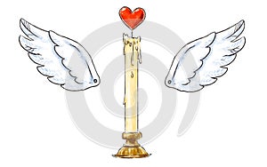 Love candle with heart and wingd. Design elements for Valentines day. Vector illustration.
