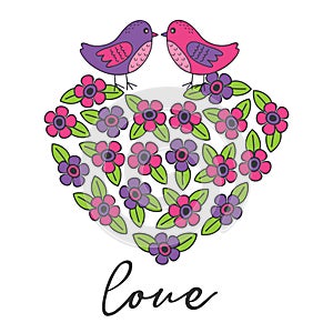 Love card with birds on heart of the flowers