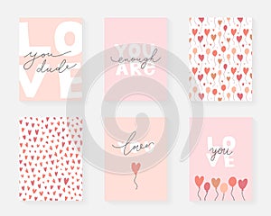 Love card collection with lettering and simple abstract drawng, modern fun motivational cards, love you dude, you are photo