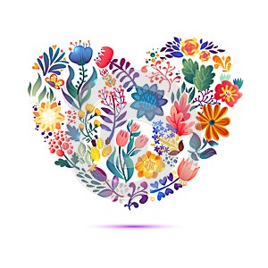 Love card with floral bouquet. Valentine's Day vector illustration with heart form