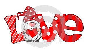 Love card. Gnome with heart in hands and parabra love in the background