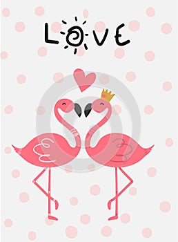 Love card pink flamingo in love kissing