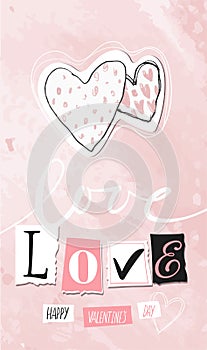 Love card with two hearts for social media, Valentine s Day. Hand drawn, modern postcard, collage for wedding invitation