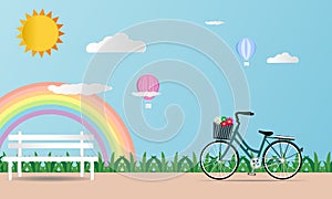 Love card Valentines day on soft blue background With bicycle balloon rainbow and Heart. Design Vector illustration paper art