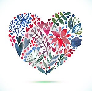 Love card with watercolor floral bouquet. Valentine's Day vector illustration with heart form