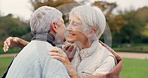 Love, care and senior women embracing for affection, romance and bonding on an outdoor date. Nature, commitment and