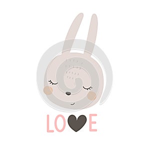 Love. Cartoon bunny, hand drawing lettering. colorful vector illustration, flat style.