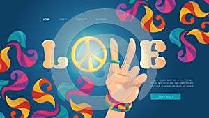 Love cartoon landing with hippie hand show peace