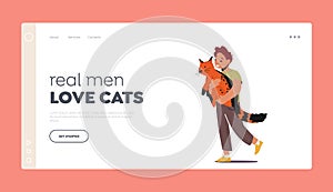 Love Cats Landing Page Template. Tenderness to Animals Concept, Preteen Kid Hug Cat, Little Child Cuddle with Pet