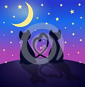 Love cats romantic illustration, two cats with their tails crossed