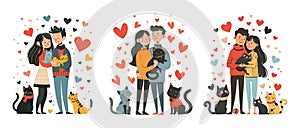 Love cats scenes doodle vector illustration. Man woman characters hugging animals together heart symbols concepts