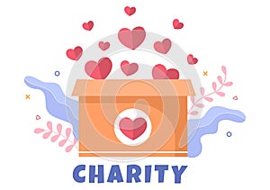 Love Charity or Giving Donation via Volunteer Team Worked Together to Help and Collect Donations for Poster or Banner in Flat