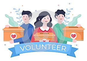 Love Charity or Giving Donation via Volunteer Team Worked Together to Help and Collect Donations for Poster or Banner in Flat