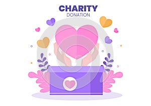 Love Charity or Giving Donation via Volunteer Team Worked Together to Help and Collect Donations for Poster or Banner in Flat