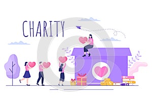 Love Charity or Giving Donation via Volunteer Team Worked Together to Help and Collect Donations for Poster or Banner in Flat