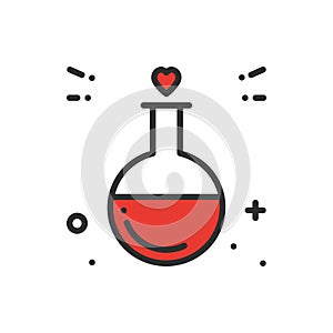 Love chemistry line icon. Test tube love fluid reaction laboratory bottle science romantic love theme. Heart shape