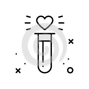 Love chemistry line icon. Test tube love fluid reaction laboratory bottle science romantic love theme. Heart shape