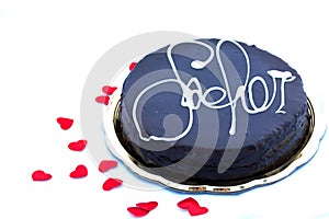 Love chocolate: sacher torte on white with red hearts