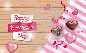 Love chocolate sweet cake heart shape top view with tablecloth for valentine`s day greeting card template