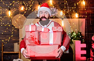 We love Christmas. bearded santa deliver presents. Christmas shopping. winter shopping sales. Cheerful elf. bearded man