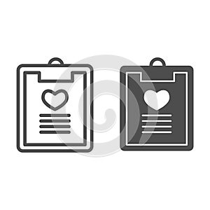 Love clipboard line and solid icon. Romantic report with list and heart shape symbol, outline style pictogram on white