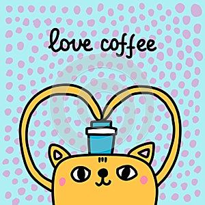 Love coffee hand drawn vector illustration in cartoon comic style cat holding hot cup head heart form arms