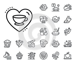 Love coffee line icon. Hot cappuccino cup sign. Heart with mug. Crepe, sweet popcorn and salad. Vector