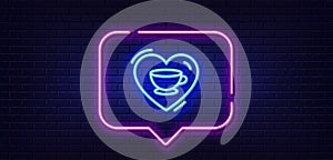Love coffee line icon. Hot cappuccino cup sign. Heart with mug. Neon light speech bubble. Vector