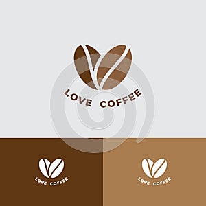 Love Coffee logo. Cafe or restaurant emblem. Two beans of coffee, like a heart with letters.