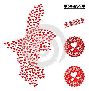 Love Collage Map of Ningxia Hui Region and Grunge Stamps for Valentines