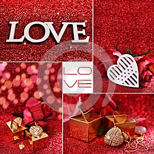 Love collage with red glitter background