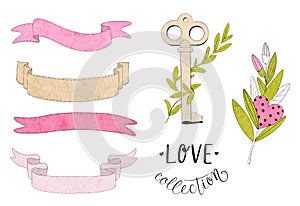 Love collection. Set on valentines day. Watercolor illustration of hand drawn elements with flowers, hearts, leaves, plants, ribbo