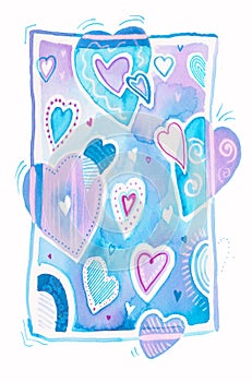 LOVE Colorful watercolor drawing full of hearts, decorative, hand painted hearts background