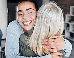 Love, comfort and woman hugging her mother for support, peace or consoling in their family home. Happy, smile and young