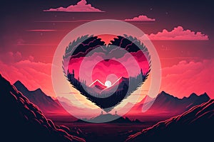 Love concept. Air clouds in the form of a heart on a neon sunset. AI