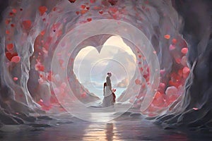 Love concept art woman with heart cave, imagination painting