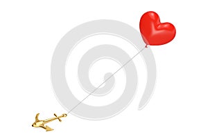 Love concept as a red heart balloon on a gold anchor.3D illustration.