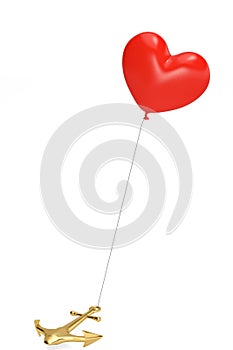 Love concept as a red heart balloon on a gold anchor.3D illustration.