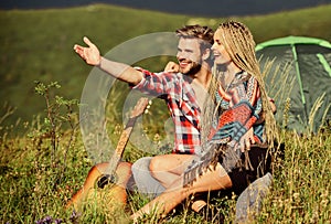 Love concept. Camping vacation. Camping in mountains. Family travel. Hiking romance. Summer vacation. Boyfriend